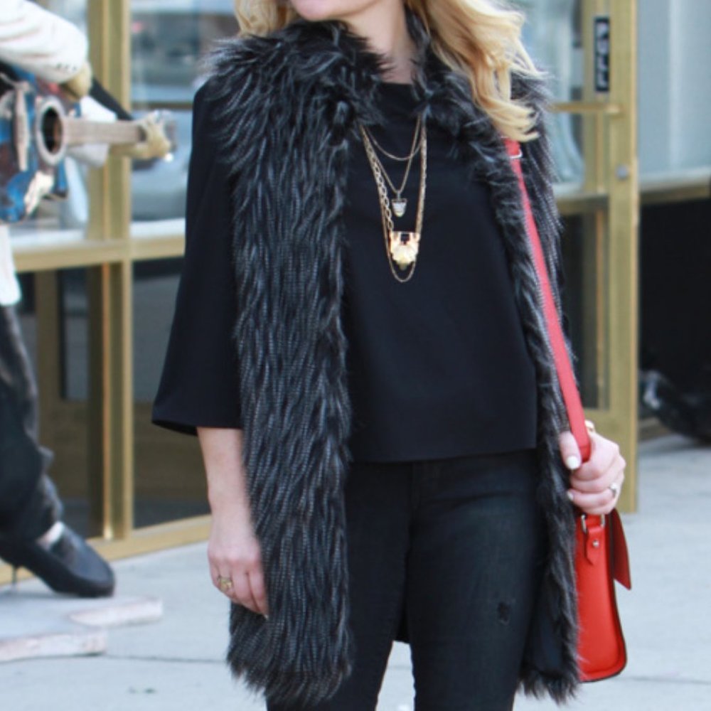 Adrianna Papell Long Faux Fur Sweater Vest-Sz M